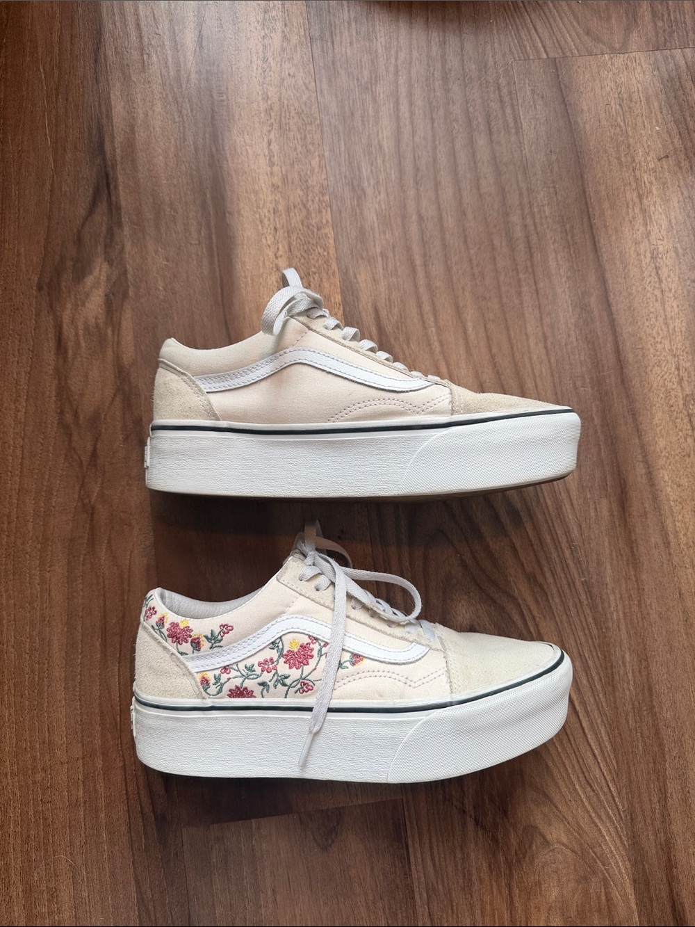 Vans Cream Platform Sneakers with Embroidered Floral Panels